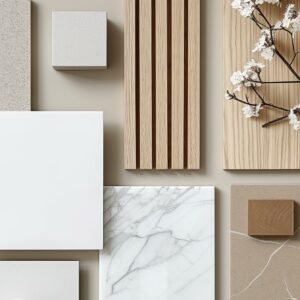 interior design material sample moodboard with luxury surfaces like marble and wood